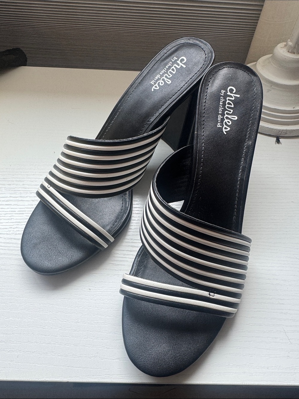 Charles by Charles David Black and White Striped Slide Mules
